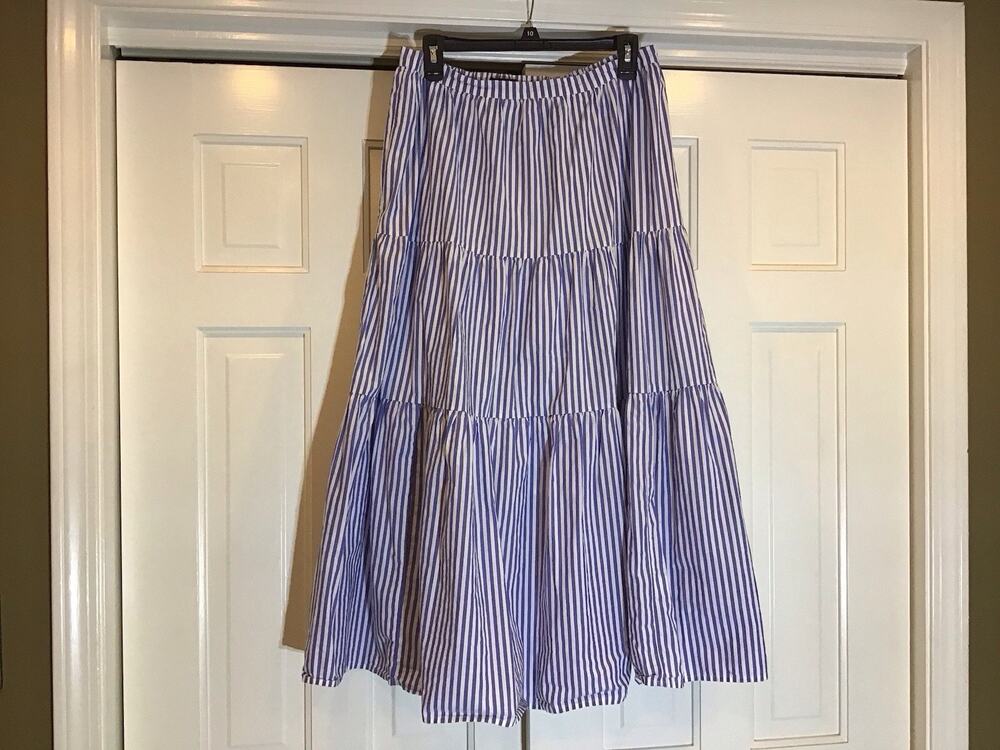 BANANA REPUBLIC Poplin Tiered Blue White Maxi Petite Skirt Sz M Coastal Boho